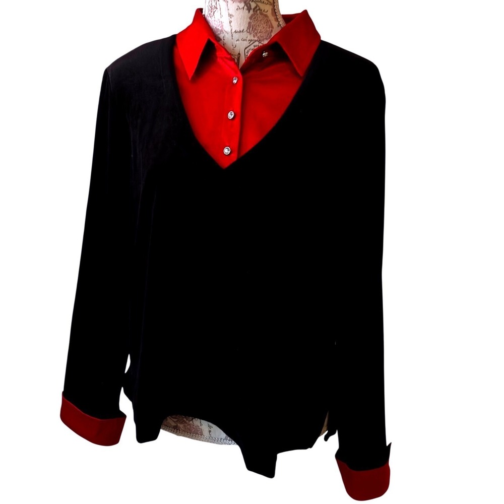 Vintage Black Velvet Red Collar Button Front V Neck Top Shirt Sz M gothcore